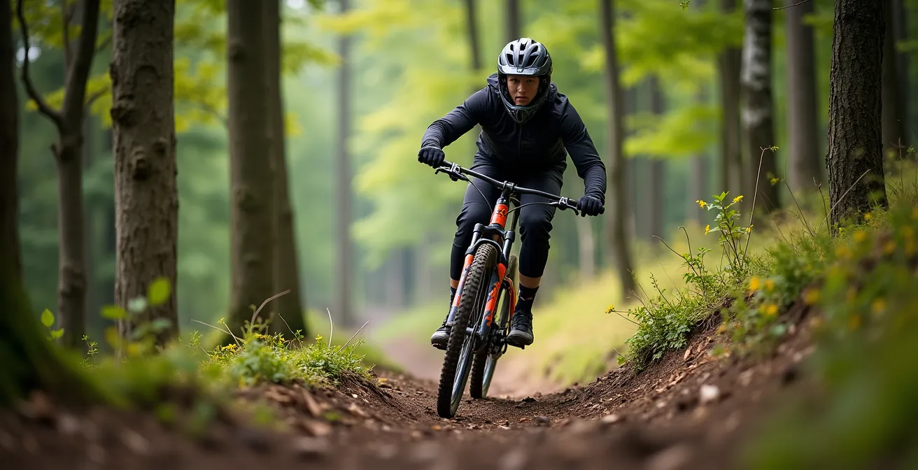 Mountainbiker demonstriert aktive und passive Fahrkontrolle auf Wurzelpassage