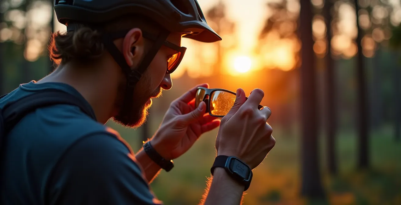 Mountainbiker beim Brillenwechsel in der Abenddämmerung im deutschen Wald