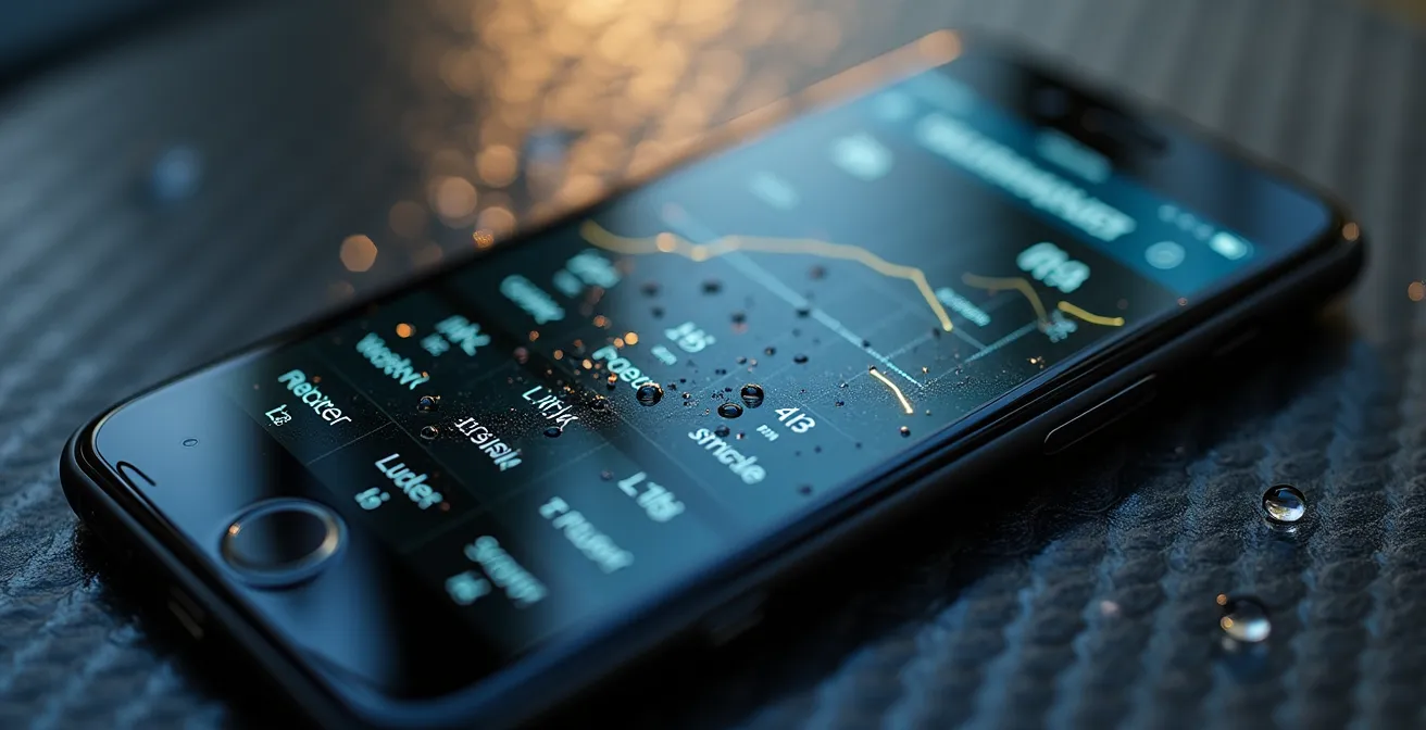 Nahaufnahme eines Smartphones mit einer Trainingsapp, die eine flexible Wochenplanung und Leistungsdaten anzeigt.