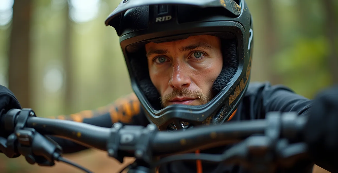 Mountainbiker bereitet sich mental auf den Start einer Downhill-Strecke vor