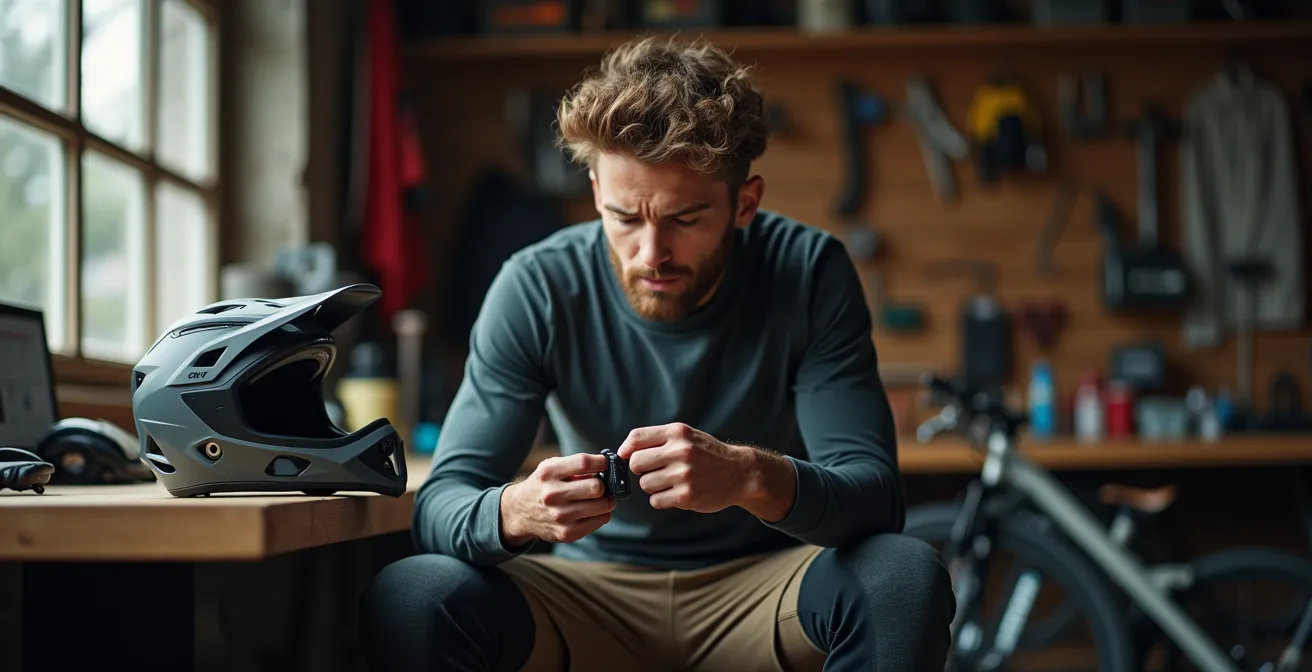 Enduro-Fahrer betrachtet nachdenklich seine Schutzausrüstung vor einer Tour