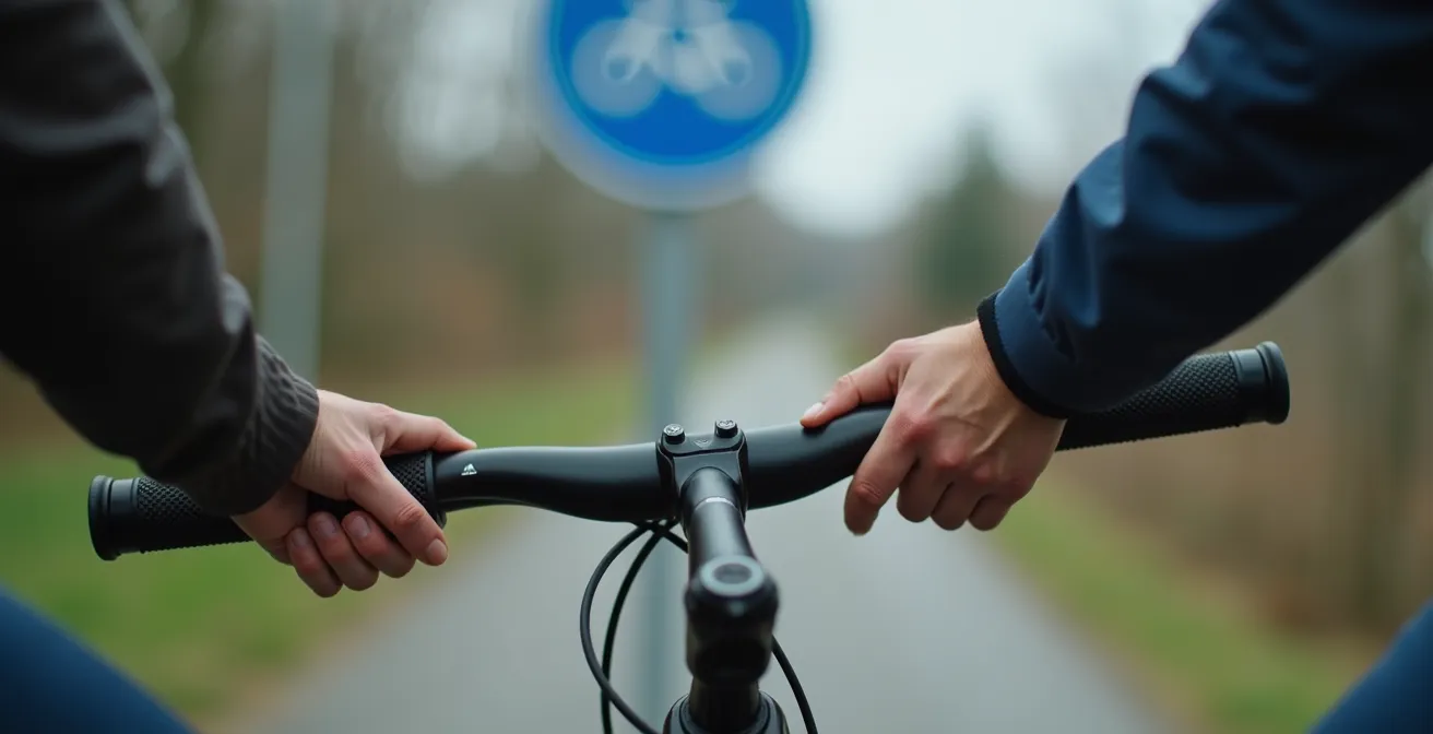 Abstraktes Diagramm, das den Entscheidungsprozess eines Radfahrers an der Schnittstelle von Radweg und Straße symbolisiert.