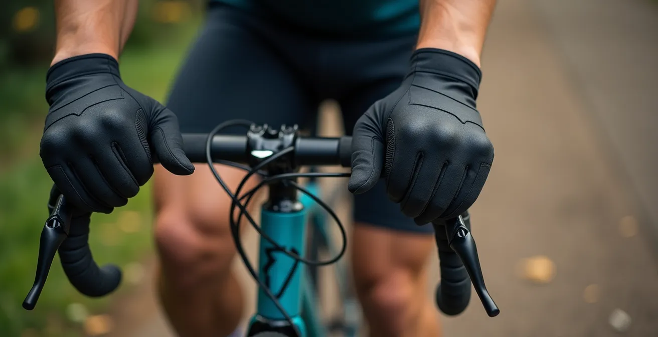 Weitwinkelaufnahme einer Radfahrerhand am Lenker mit ergonomischem Griffsystem