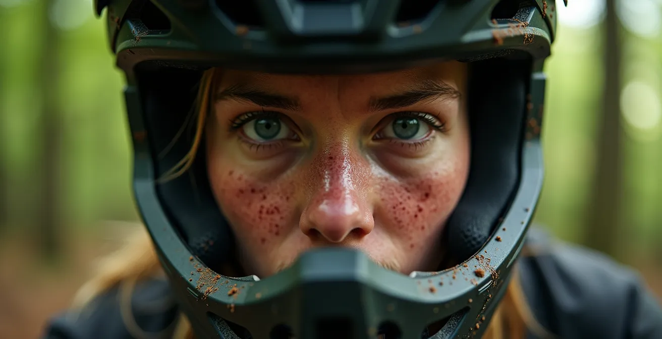 Nahaufnahme eines konzentrierten Mountainbikers im Flow-Zustand während einer technischen Passage