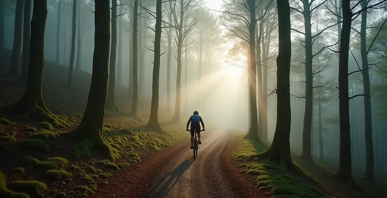 Mountainbiker in entspannter Haltung auf flowigem Trail im deutschen Wald