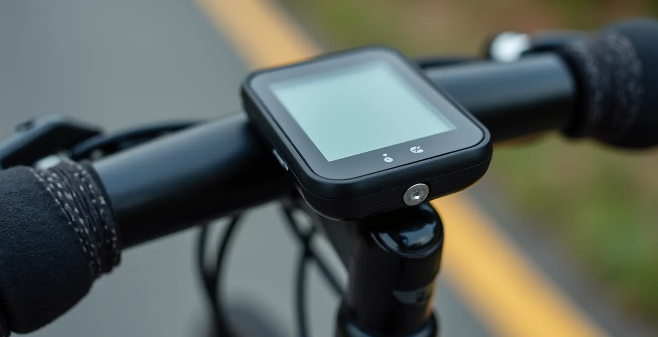 Makroaufnahme eines Lenkers und Fahrradcomputers, bei der das Display unscharf ist und der Fokus auf der Textur des Lenkerbands liegt.