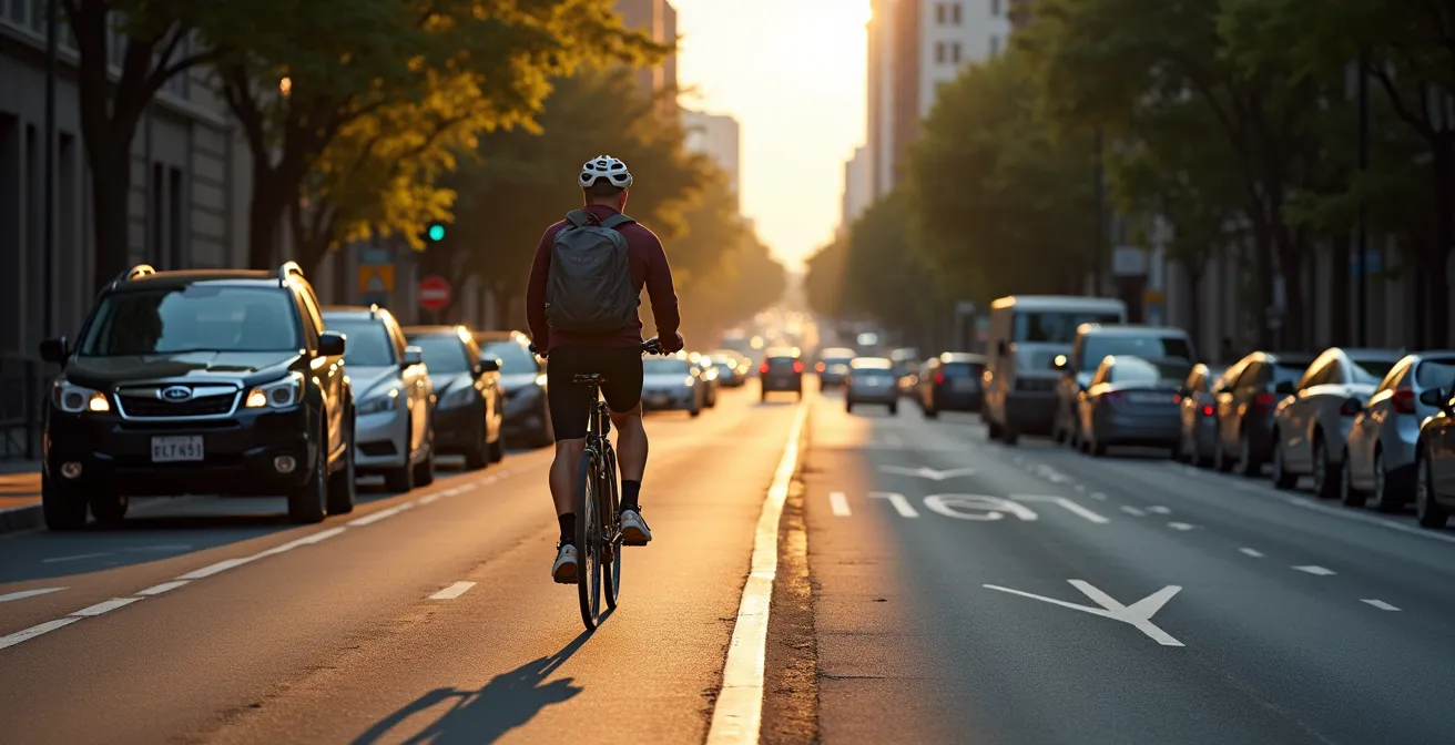 Weitwinkelansicht einer mehrspurigen Hauptstraße in einer deutschen Stadt mit einem schmalen Radweg, der zwischen parkenden Autos und fließendem Verkehr eingeklemmt ist.