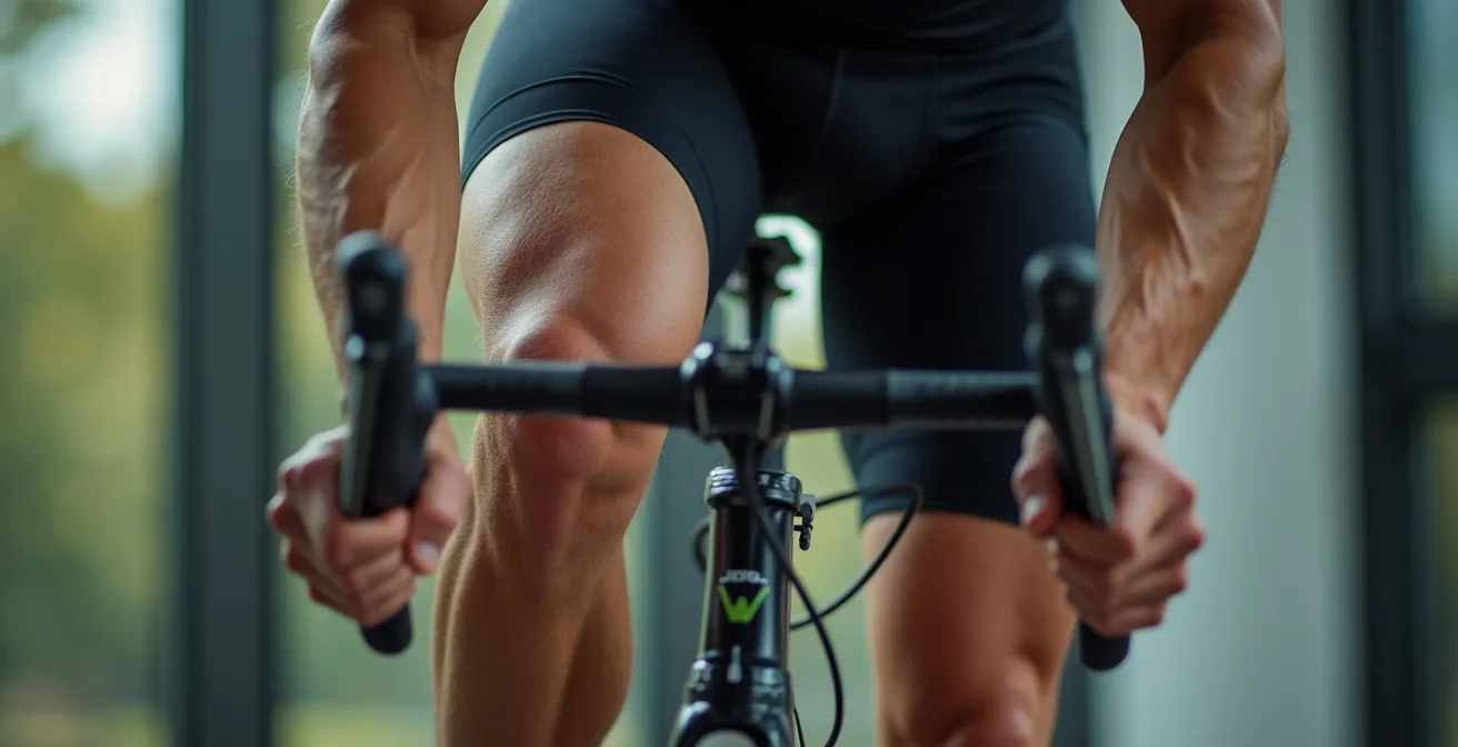 Makroaufnahme der gleichmäßigen Tretbewegung eines Radfahrers, bei der die Muskeln rhythmisch arbeiten.