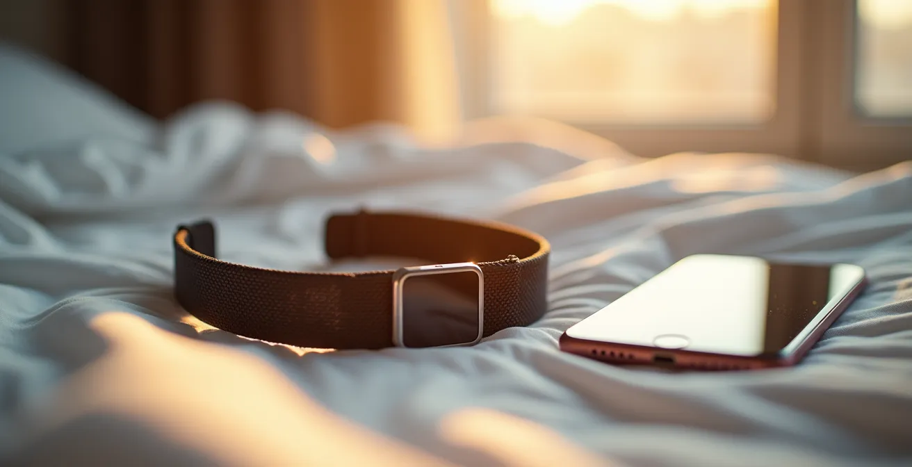 Nahaufnahme eines Brustgurts und eines Smartphones mit einer HRV-App in einer morgendlichen Schlafzimmerumgebung