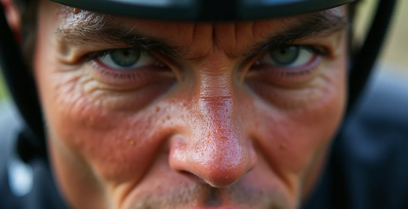 Nahaufnahme eines fokussierten Radfahrers während eines steilen Anstiegs