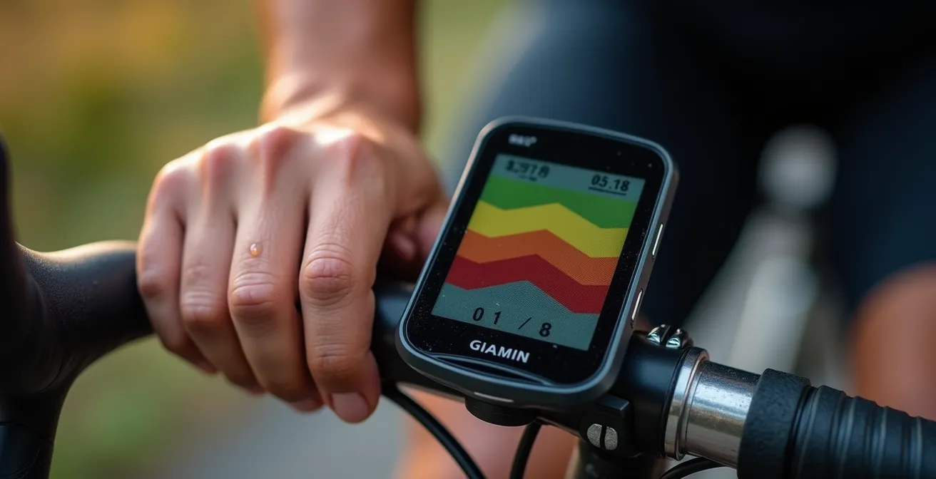 Nahaufnahme Fahrradcomputer zeigt Herzfrequenzzonen während Training