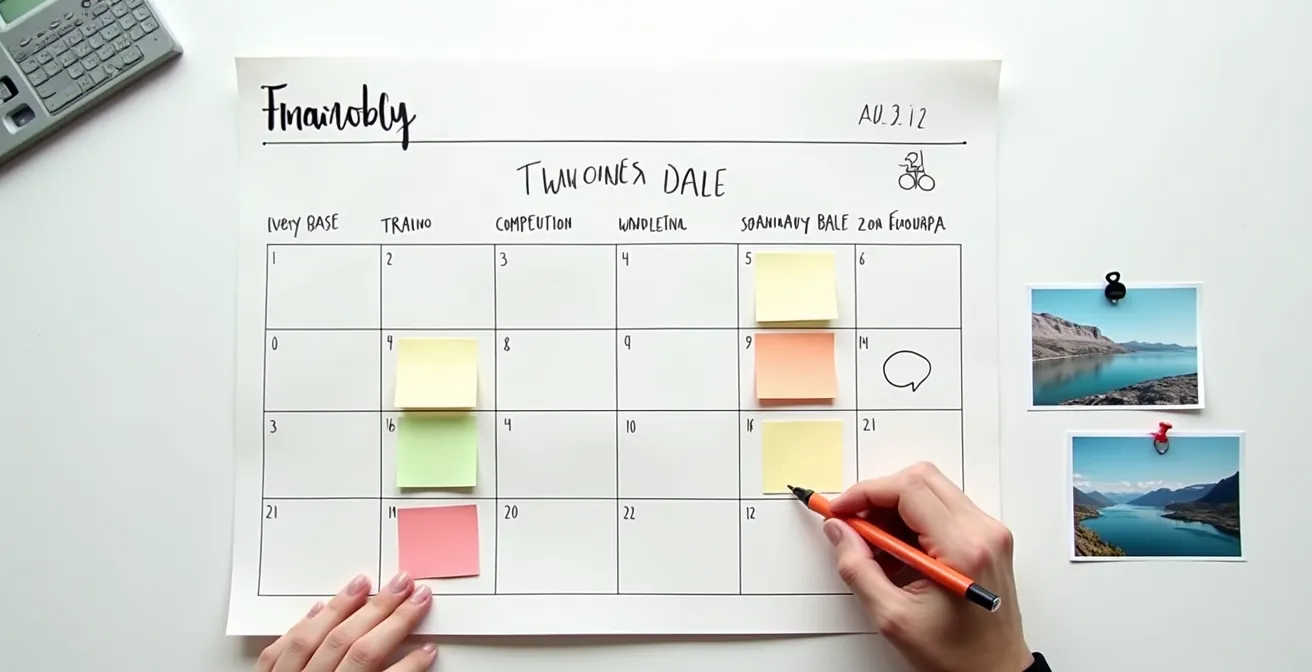 Detaillierter Jahresplaner mit farbcodierten Trainingsphasen und Urlaubsblöcken, der die Reverse-Planning-Methode visualisiert.