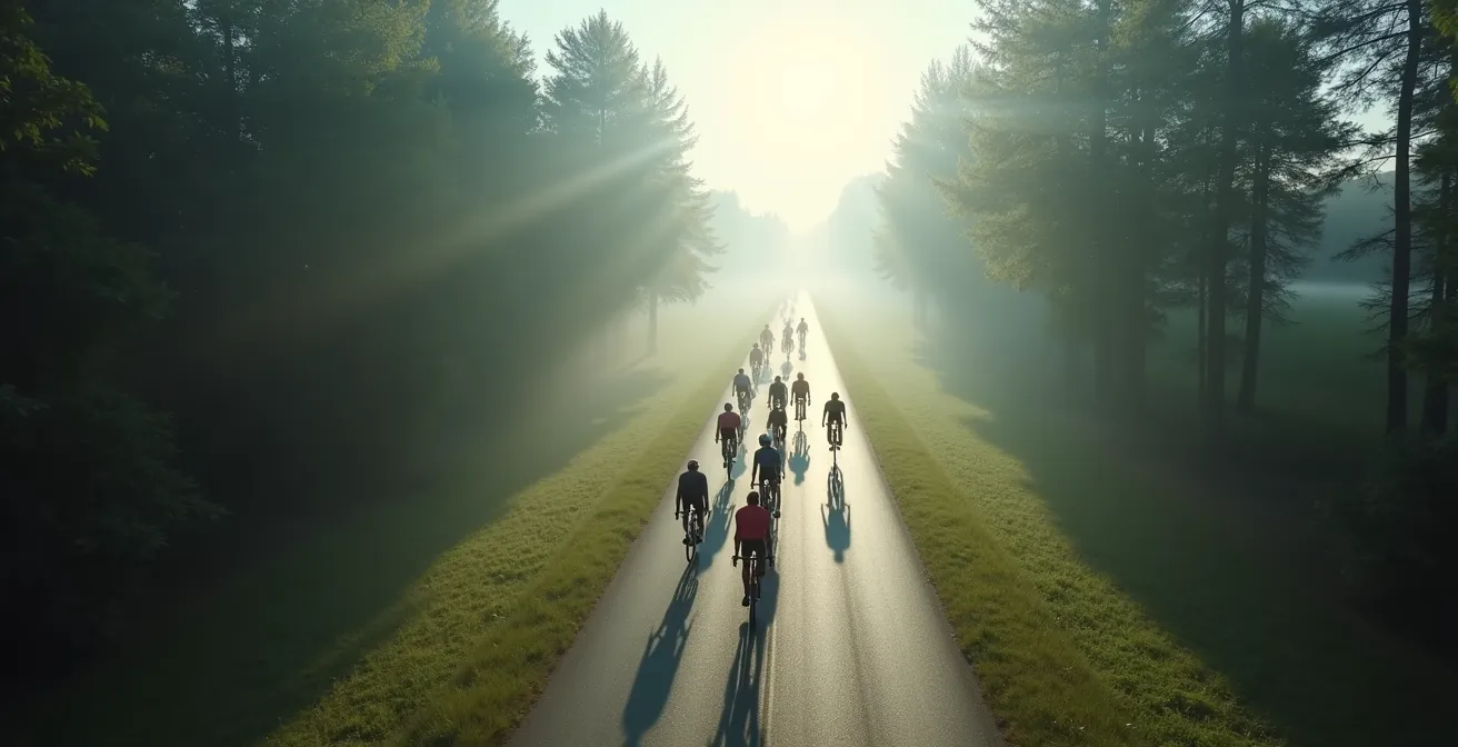 Gruppe von Radfahrern im gleichmäßigen Tempo auf deutscher Mittelgebirgsstraße