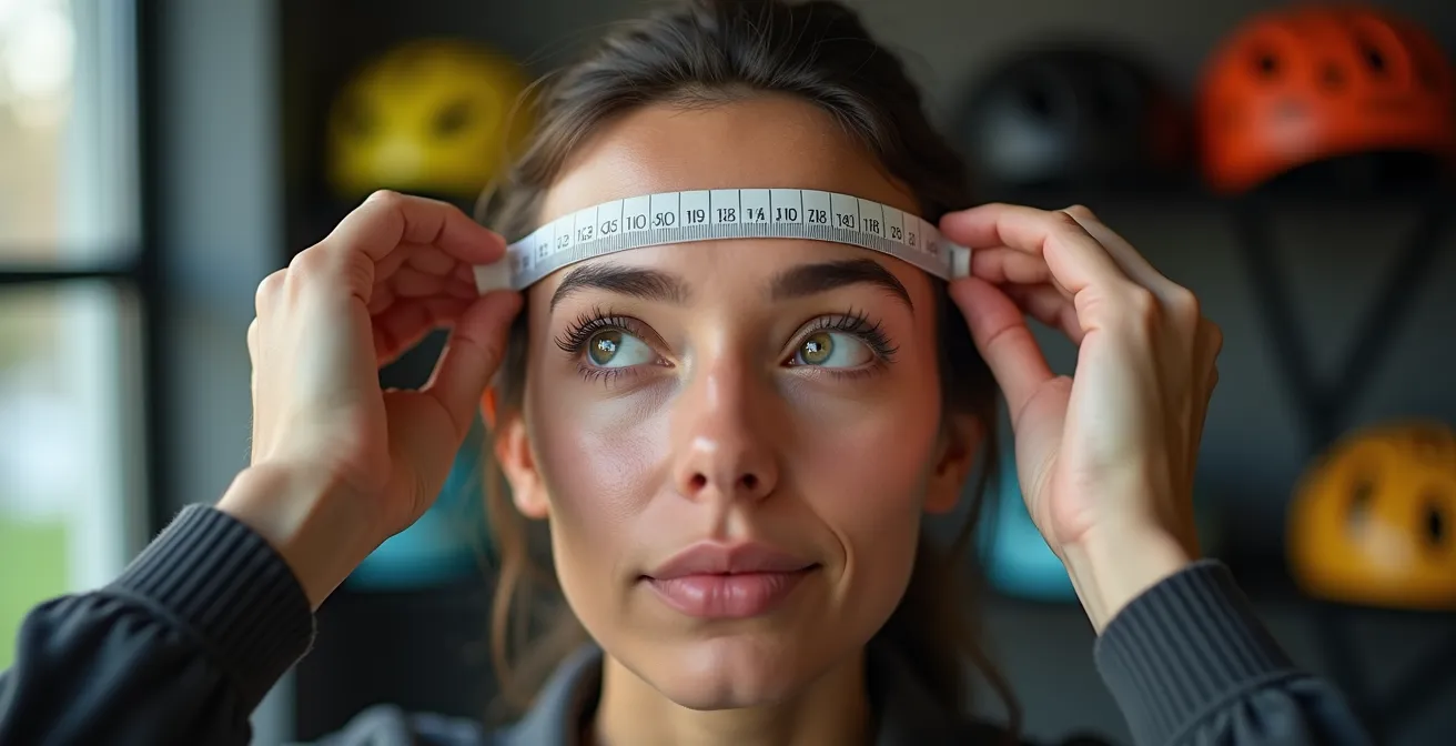 Person misst den eigenen Kopfumfang mit einem flexiblen Maßband auf Höhe der Augenbrauen zur Bestimmung der korrekten Fahrradhelmgröße.