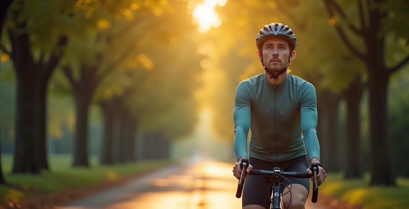 Radfahrer in meditativer Haltung unter Baumallee mit Licht-Schatten-Spiel