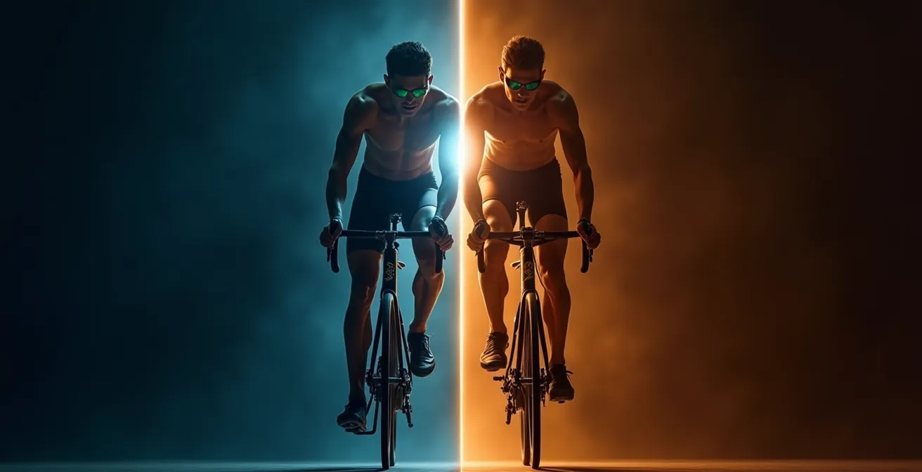 Infografik zeigt metaphorischen Vergleich zwischen Herz-Lungen-System als Motor und Beinmuskulatur als Fahrwerk eines Radfahrers.