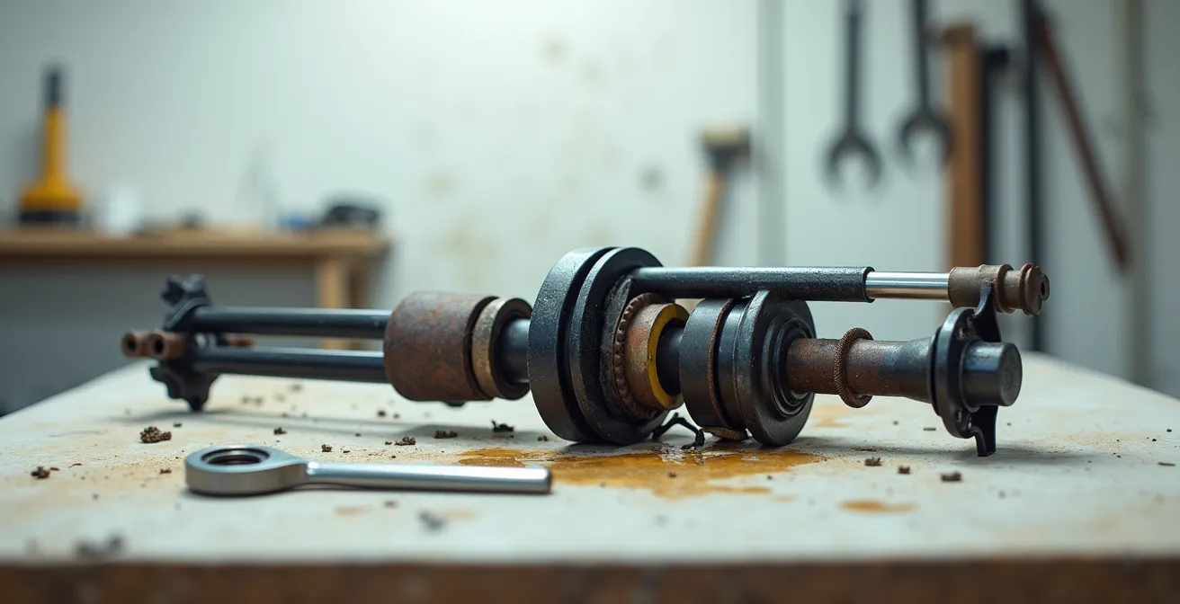 Nahaufnahme beschädigter Federgabel-Dichtungen durch falsche Wartung