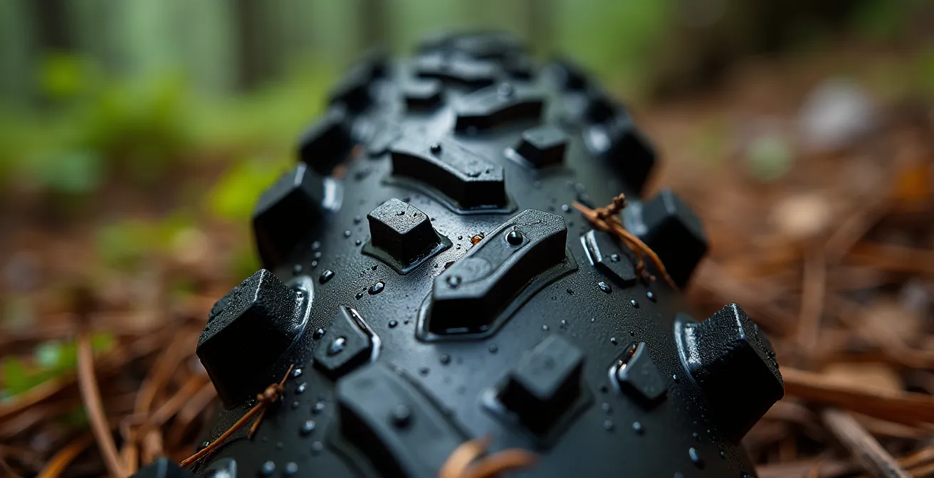 Makroaufnahme von MTB-Reifen auf typischem Schwarzwald-Trail