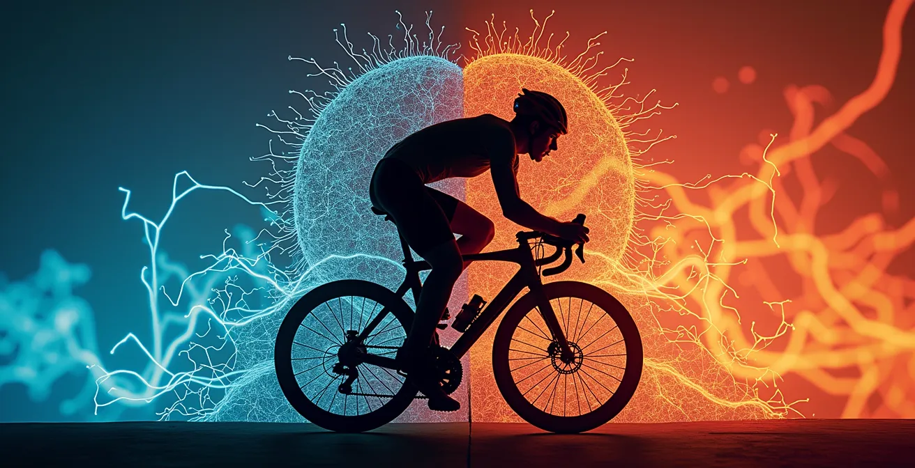 Abstrakte Darstellung der Gehirnaktivität, die den Konflikt zwischen Amygdala und präfrontalem Kortex während Wettkampfstress visualisiert.