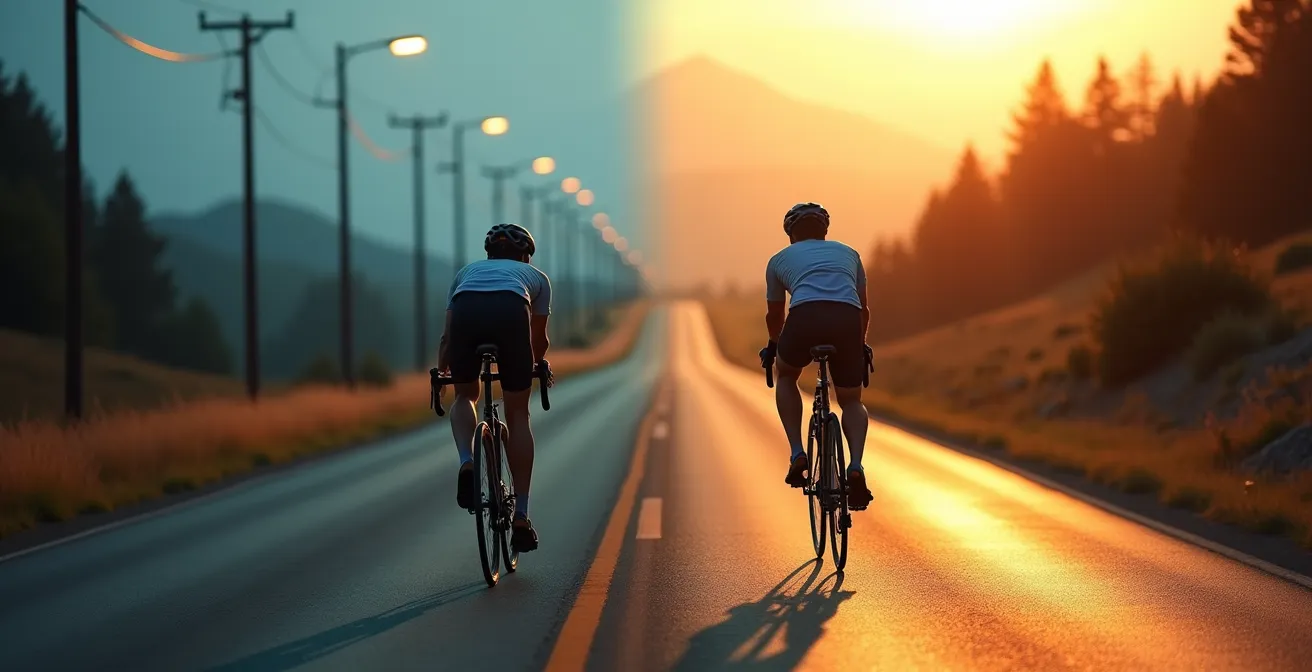 Geteiltes Bild zeigt Radfahrer bei kurzer Abendrunde und epischer Bergtour