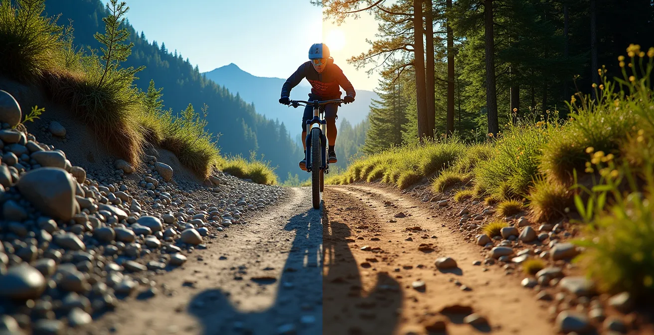 Vergleichsdarstellung zweier Trails mit unterschiedlicher Adrenalinauslösung, links ein ausgesetzter alpiner Trail, rechts ein flüssiger Waldtrail im Bikepark.