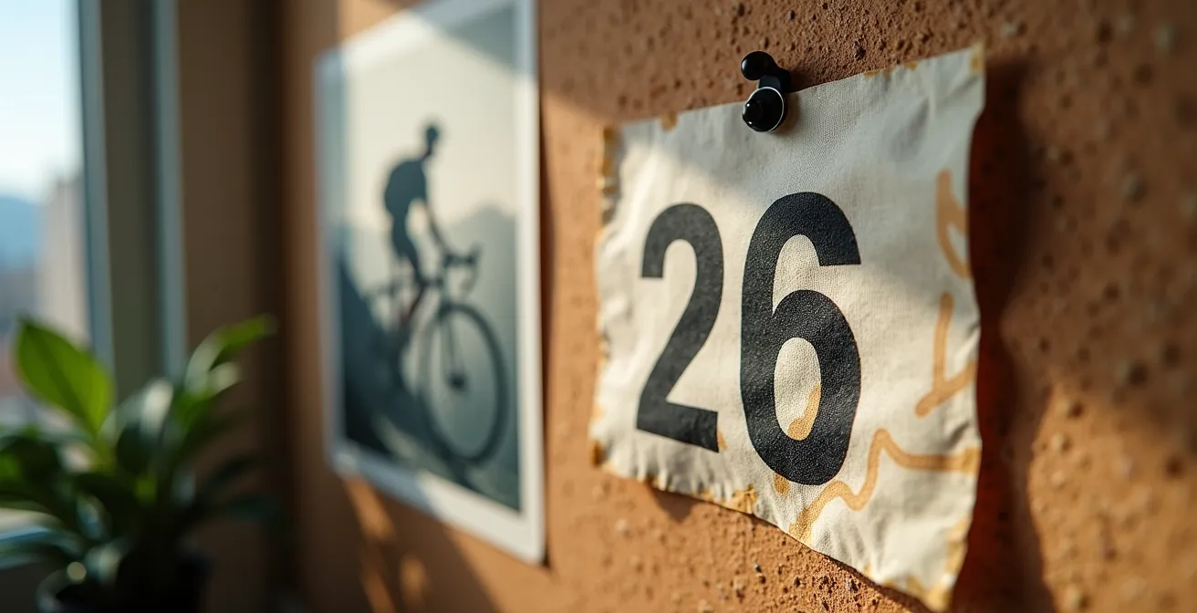 Nahaufnahme einer gerahmten Startnummer mit Foto und Streckenkarte an der Wand