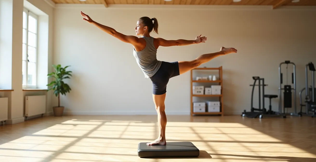 Radfahrer führt Einbeinstand-Übung auf instabilem Untergrund aus, um die Kniestabilität zu verbessern.