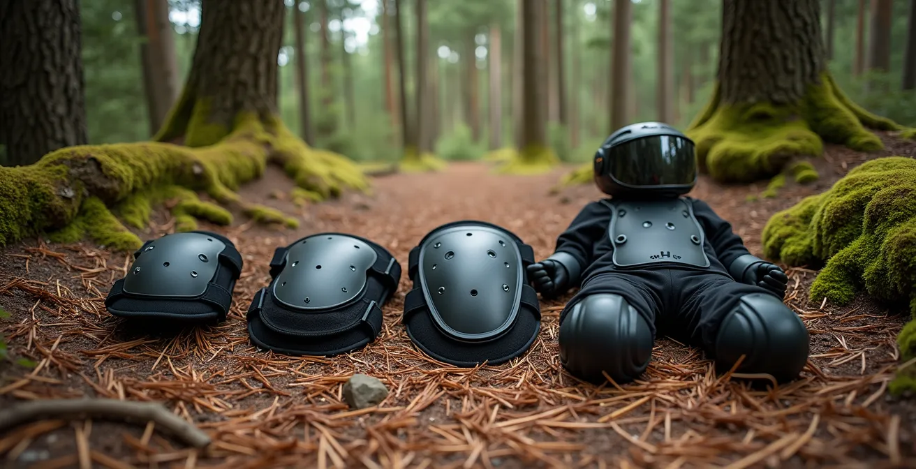 Ein Set modularer Enduro-Protektoren, bestehend aus Knieschonern, Ellbogenschonern und einem Rückenprotektor, liegt geordnet auf moosigem Waldboden.