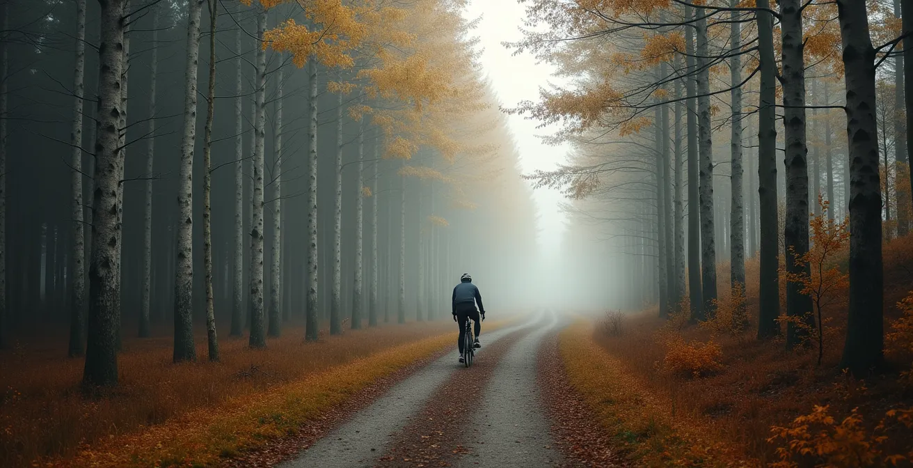Radfahrer auf Gravel-Bike in herbstlichem deutschen Mischwald, der neue Wege erkundet.