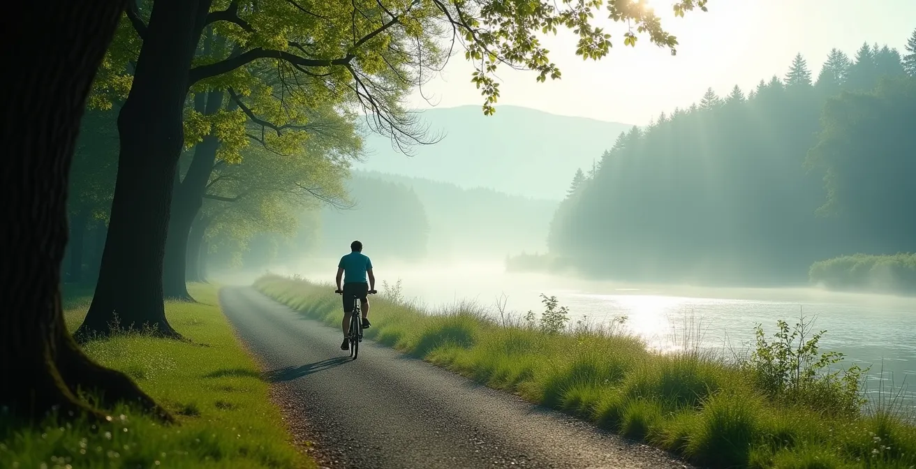Radfahrer auf einem ruhigen Waldweg entlang eines deutschen Flusses bei diffusem Morgenlicht, der die Verbindung von Sport und Natur zum Stressabbau symbolisiert.