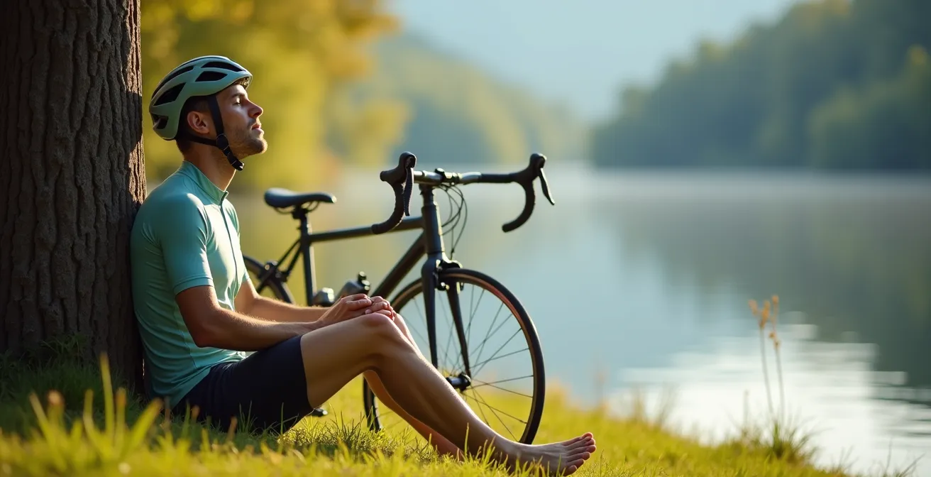 Radfahrer macht Pause an einem Seeufer und genießt die Ruhe
