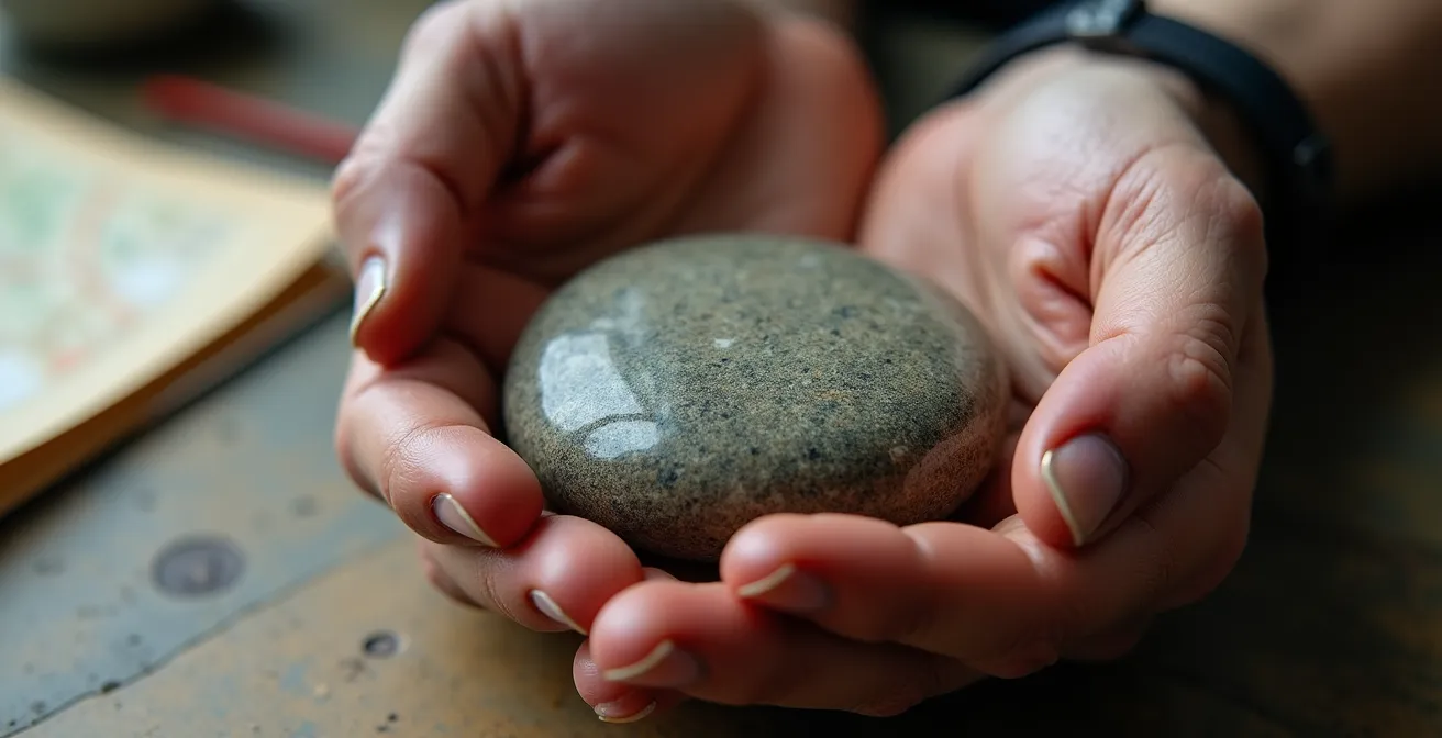 Erschöpfter Radfahrer in meditativer Ruheposition nach einer Extremtour, der einen Stein als Anker der Erinnerung in den Händen hält