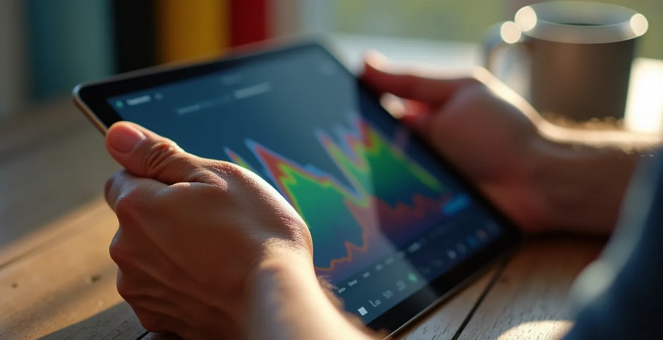 Nahaufnahme von Händen mit Tablet zeigt Trainingsanalyse-Grafiken