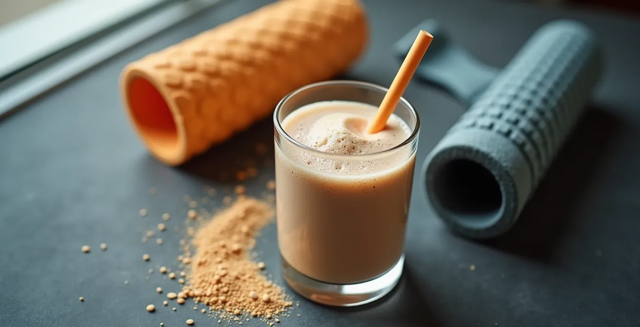 Detailaufnahme von Regenerations-Tools und Ernährung nach dem Training