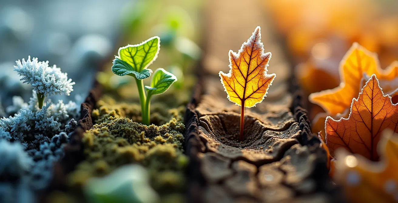 Vier Jahreszeiten als abstrakte Landschaft mit unterschiedlichen Intensitäten von Licht und Energie