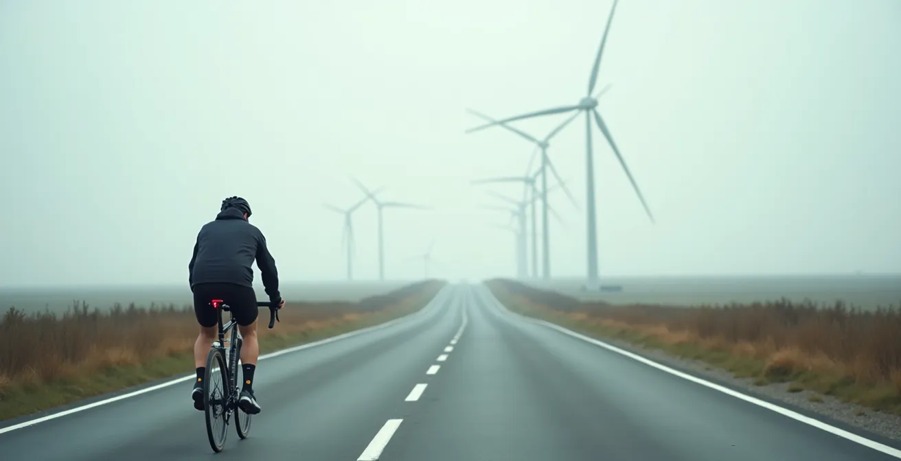 Weitwinkelaufnahme eines einsamen Radfahrers auf einer endlosen Landstraße