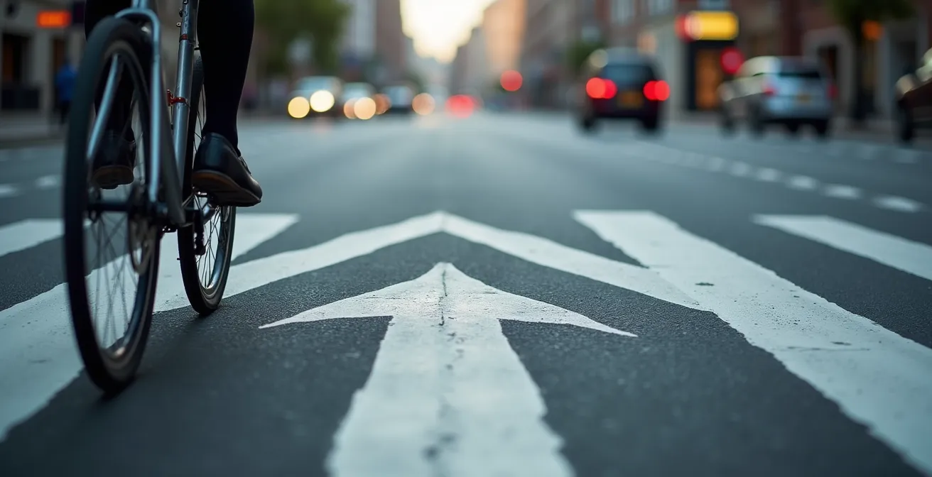 Detailaufnahme eines kritischen Sichtdreiecks an einer urbanen Kreuzung aus der Perspektive eines Radfahrers.
