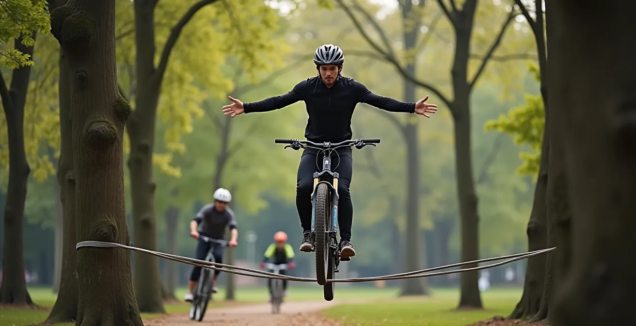 Mountainbiker übt Balance auf einer Slackline im Park