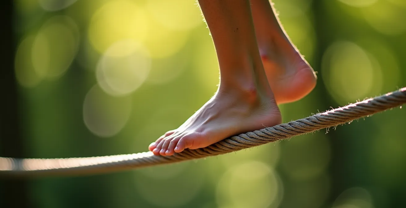 Nahaufnahme eines Fußes auf einer Slackline mit verschwommenem Waldhhintergrund