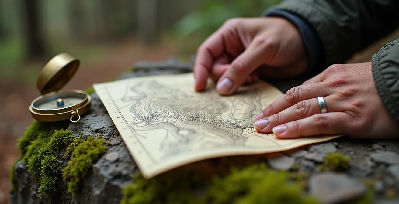 Nahaufnahme von Händen die eine topografische Karte des Schwarzwaldes studieren