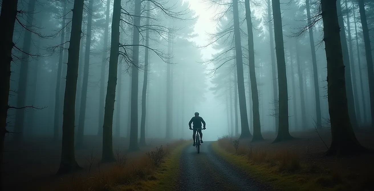 Mountainbiker übt Gleichgewichtstraining auf schmalem Waldtrail