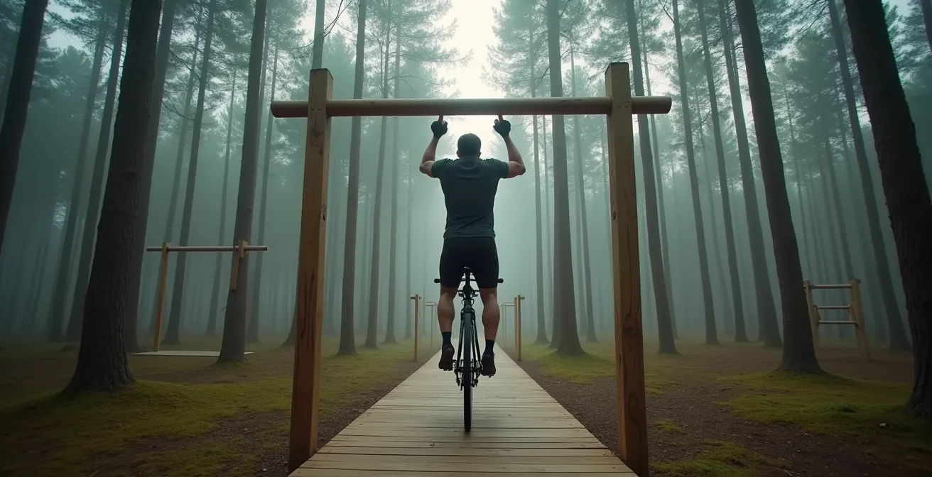 Radfahrer trainiert an Trimm-Dich-Stationen im deutschen Wald