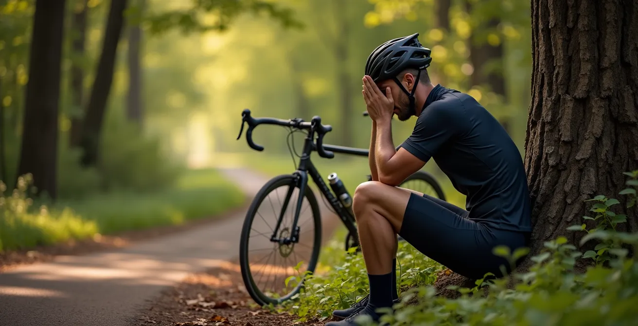 Erschöpfter Radfahrer lehnt an Baum im Wald