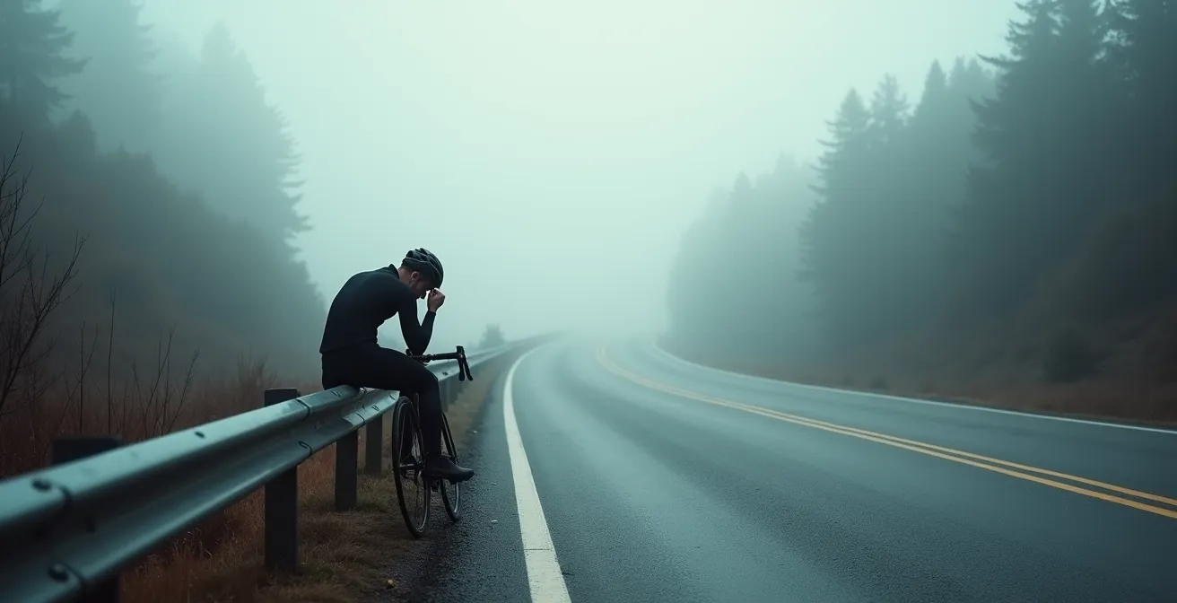 Ein einzelner, erschöpfter Radfahrer sitzt bei nebligem Morgenlicht am Straßenrand und hält seinen Kopf in den Händen, ein Symbol für Übertraining.