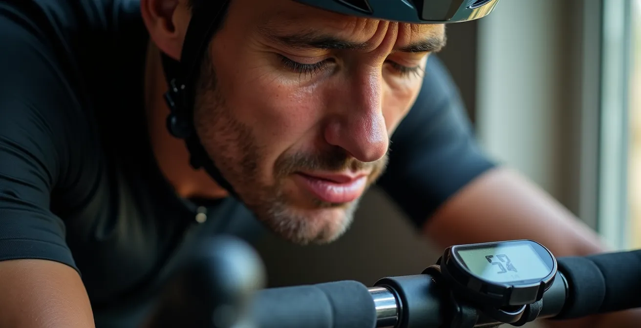 Nahaufnahme eines erschöpften Radfahrers, der seinen Pulsmesser überprüft, ein Warnsignal für Übertraining