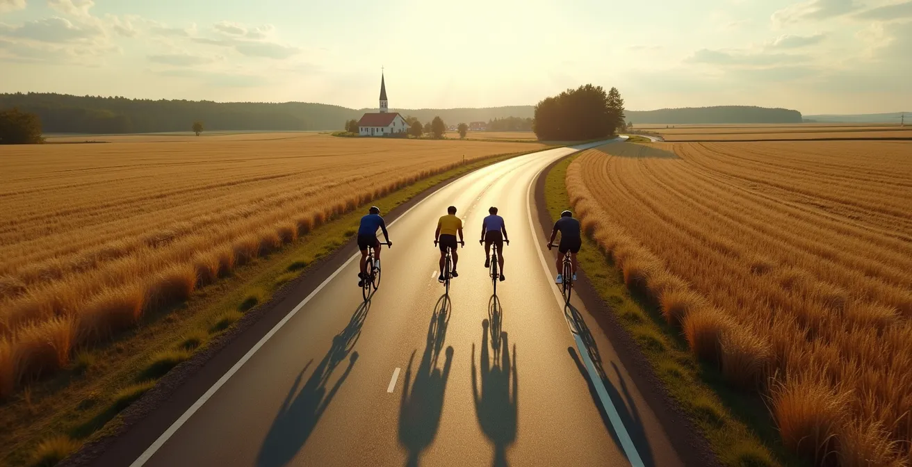 Vier Radfahrer in dynamischer Rotation auf deutscher Landstraße