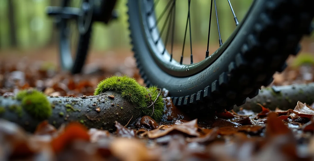 Detailaufnahme Vorderrad trifft im perfekten 90-Grad-Winkel auf nasse Wurzel