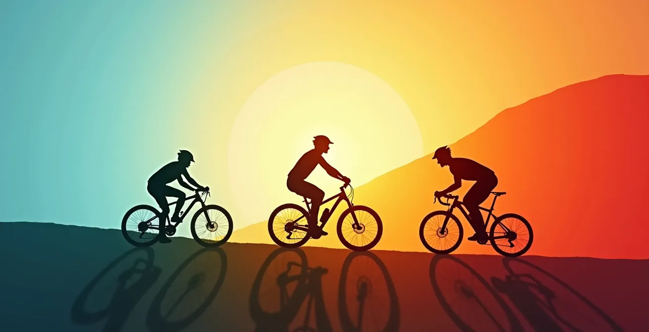 Visualisierung der Yerkes-Dodson-Kurve mit drei Radfahrer-Silhouetten, die Unterforderung, optimalen Flow und Überforderung darstellen.