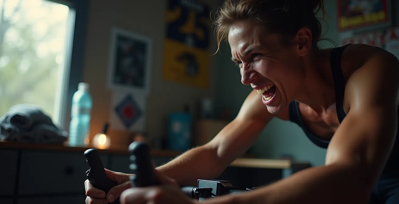 Radsportler beim intensiven FTP-Test auf Rollentrainer